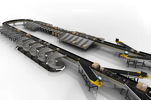 Horizontal cross belt conveyor systems sort and transport items horizontally using cross belts mounted on carriers that move independently to direct items to different destinations